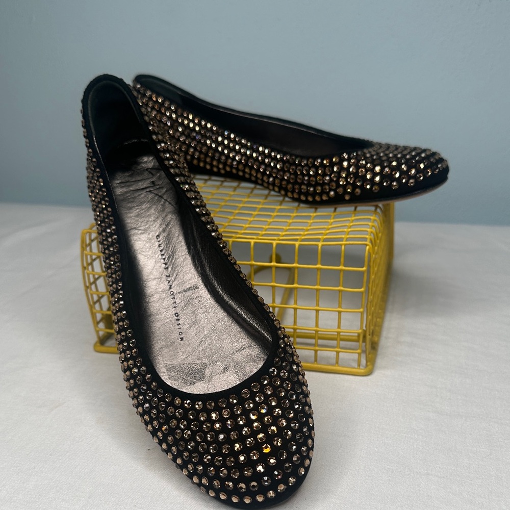 Giuseppe Zanotti Black Suede and Champaign Gold Crystal Flats